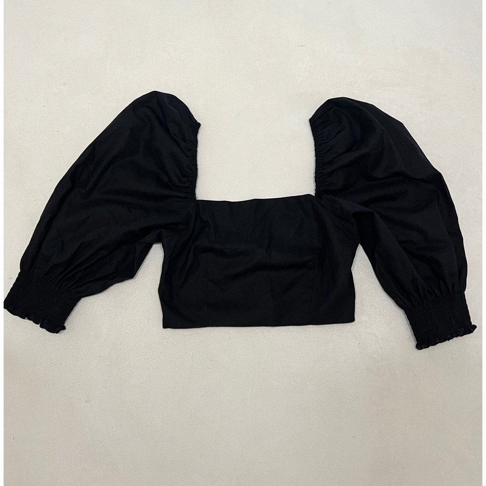 O.P.T. Black Puff Sleeve Smocked Crop Top Square Neck Size Medium - Picture 1 of 7